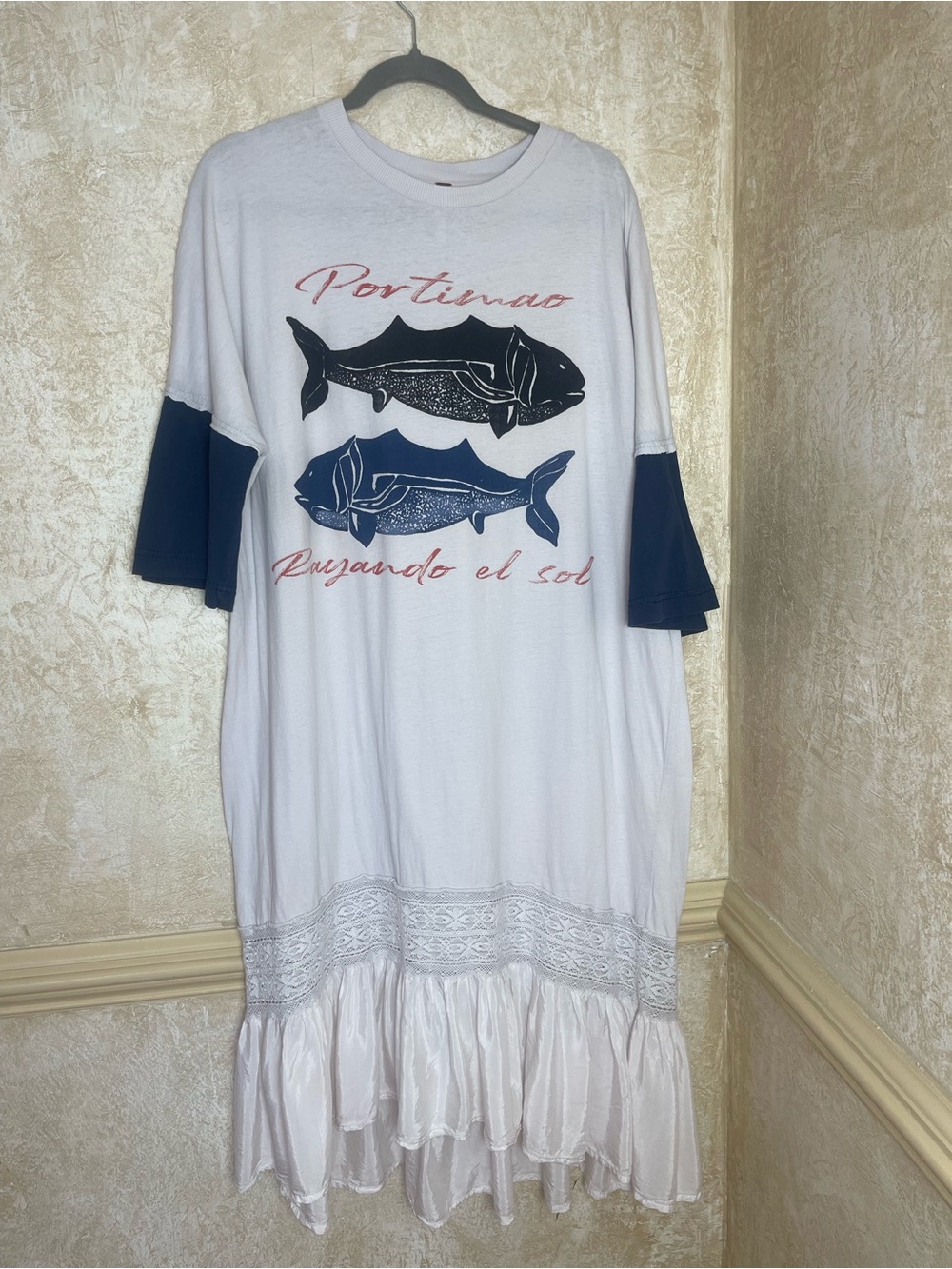 Free People Toro Fish Graphic Tee Midi Dress White Navy Coastal Boho Beach Sz L - Picture 6 of 15